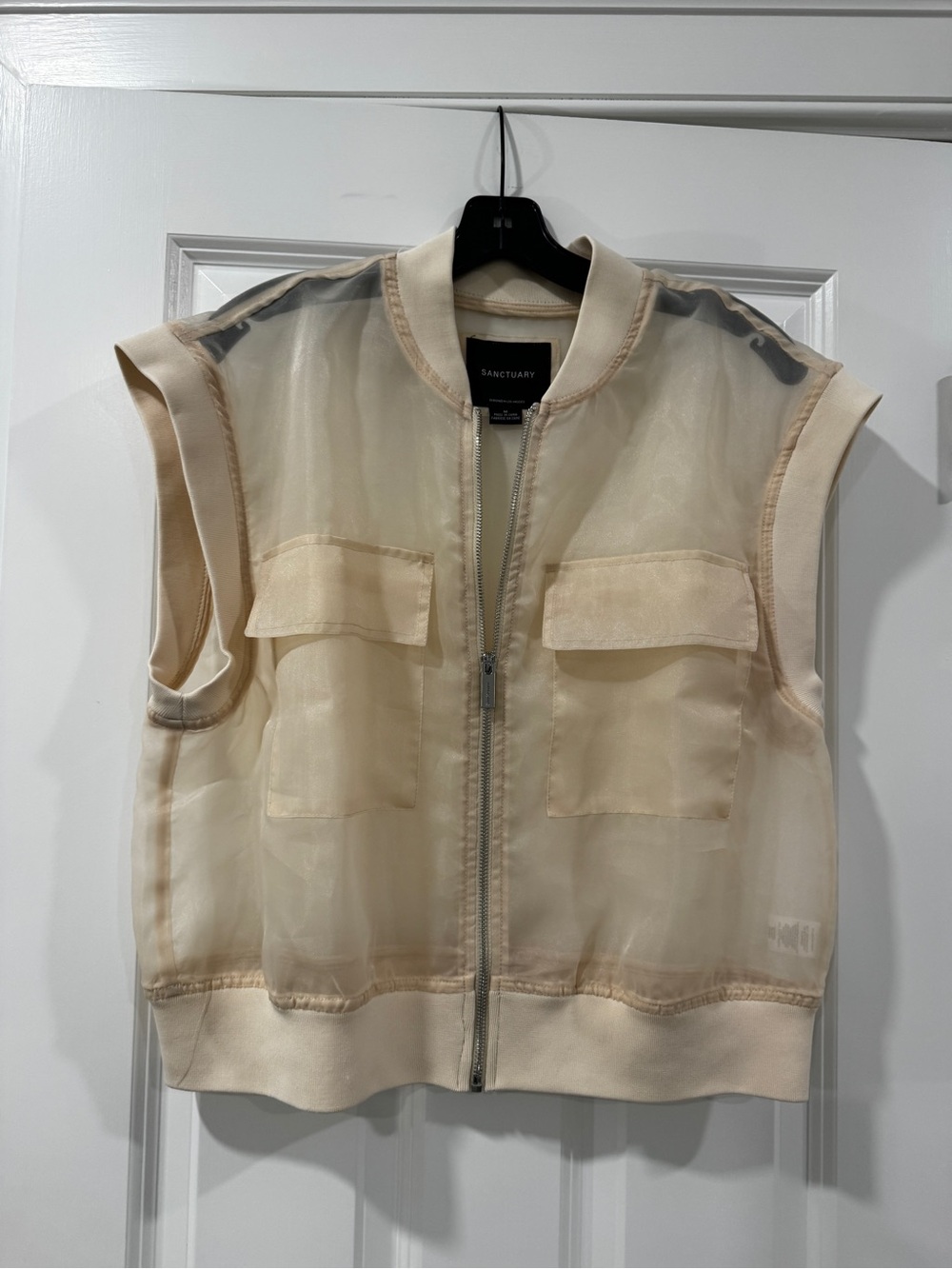 Sanctuary Sheer Sleeveless Bomber Vest in Cream